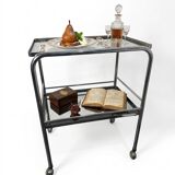 Vintage chrome metal dessert trolley with smoked glass from the 1970s.