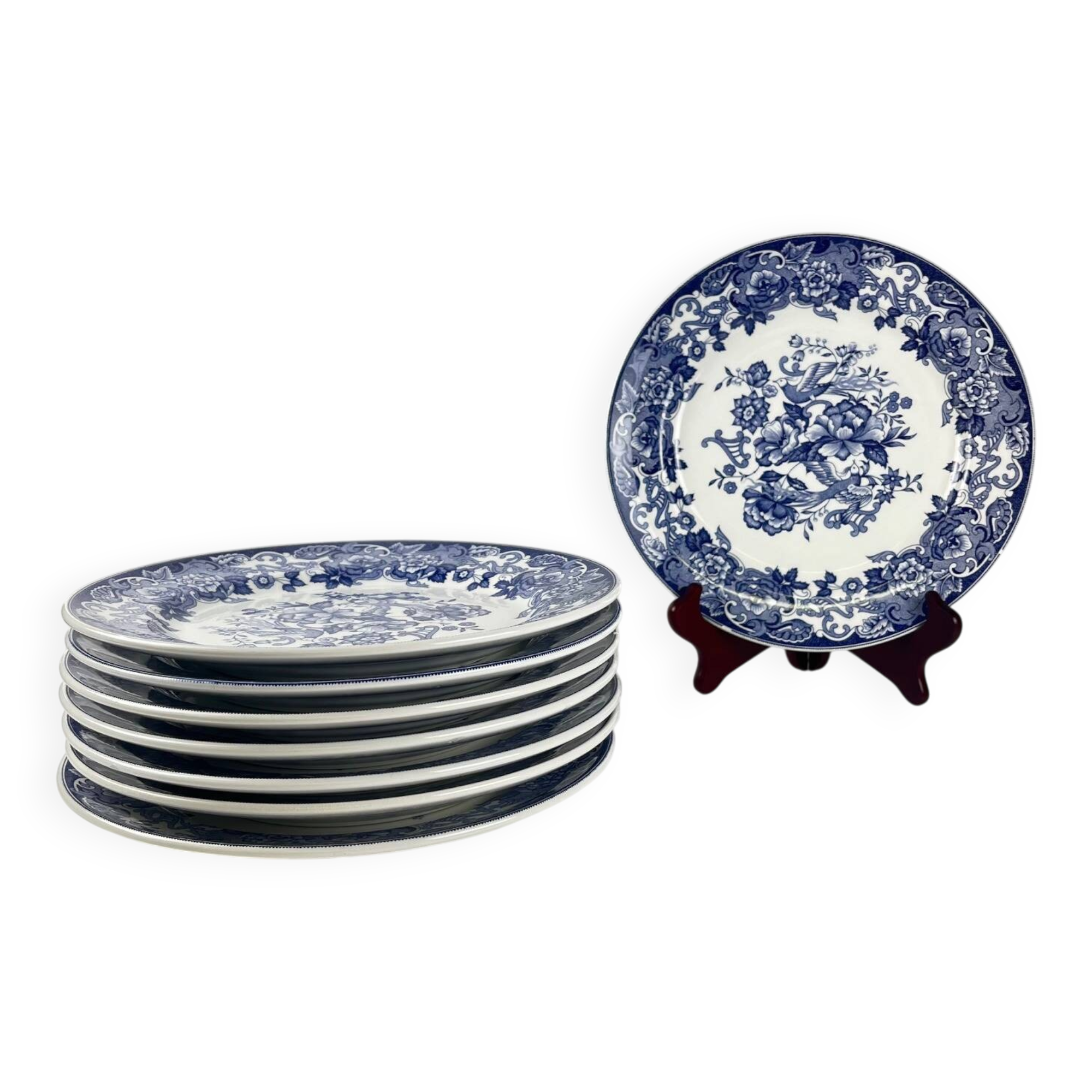 Set of 8 blue earthenware dinner plates with floral and bird decoration, 20th century