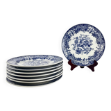 Set of 8 blue earthenware dinner plates with floral and bird decoration, 20th century