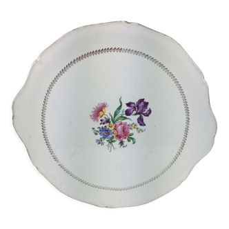 Plat avec anses , de forme ronde et de couleur blanc ornée décor floral made in france Gien