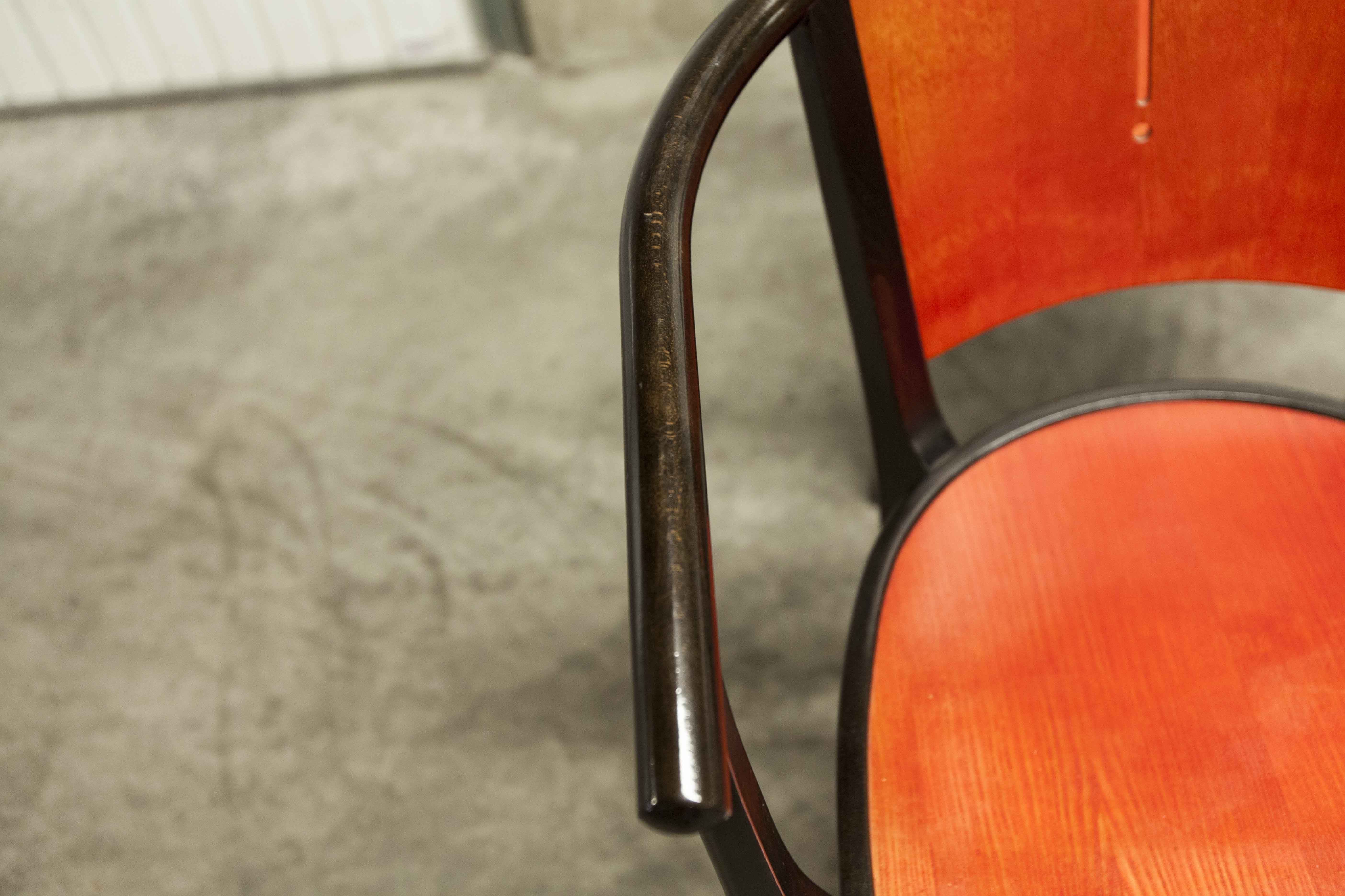 Table and 6 armchairs Baumann Diese, design Pagnon Pelhaître, Wenge color and red,