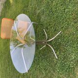 Round Bauhaus table in transparent glass and chrome - grey silver tubular base.