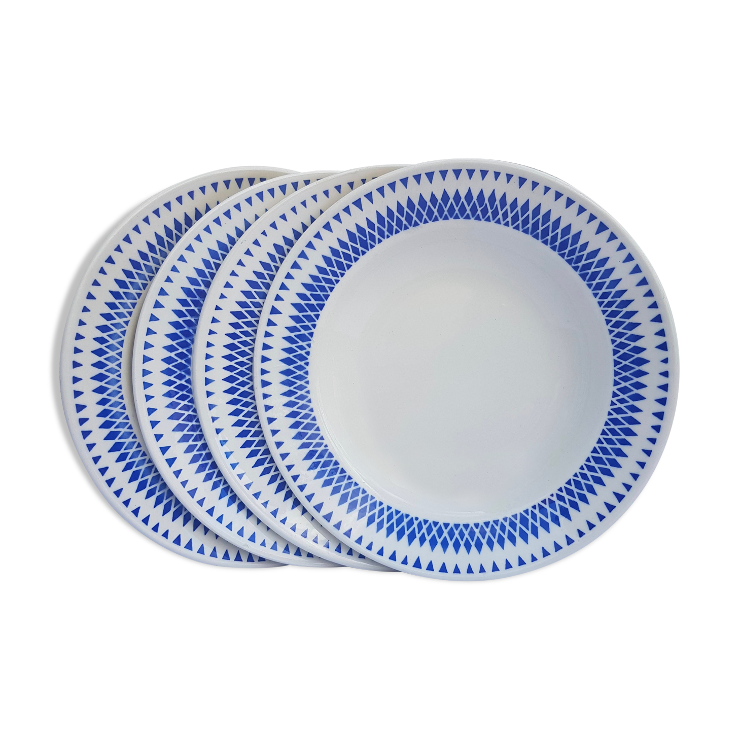 Badonviller Set of 4 hollow plates with blue geometric decoration