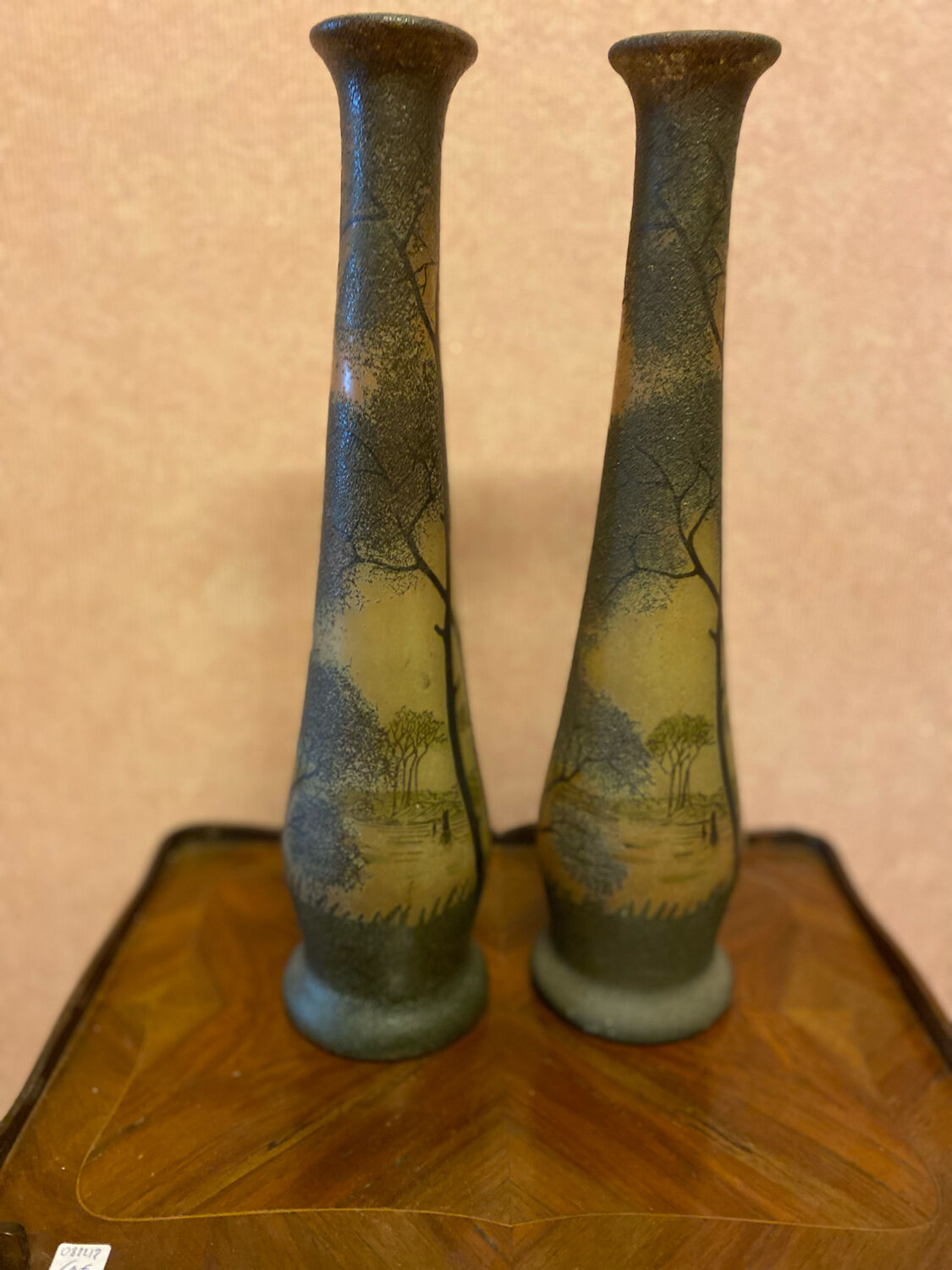 Pair of frosted glass vases, lake scene