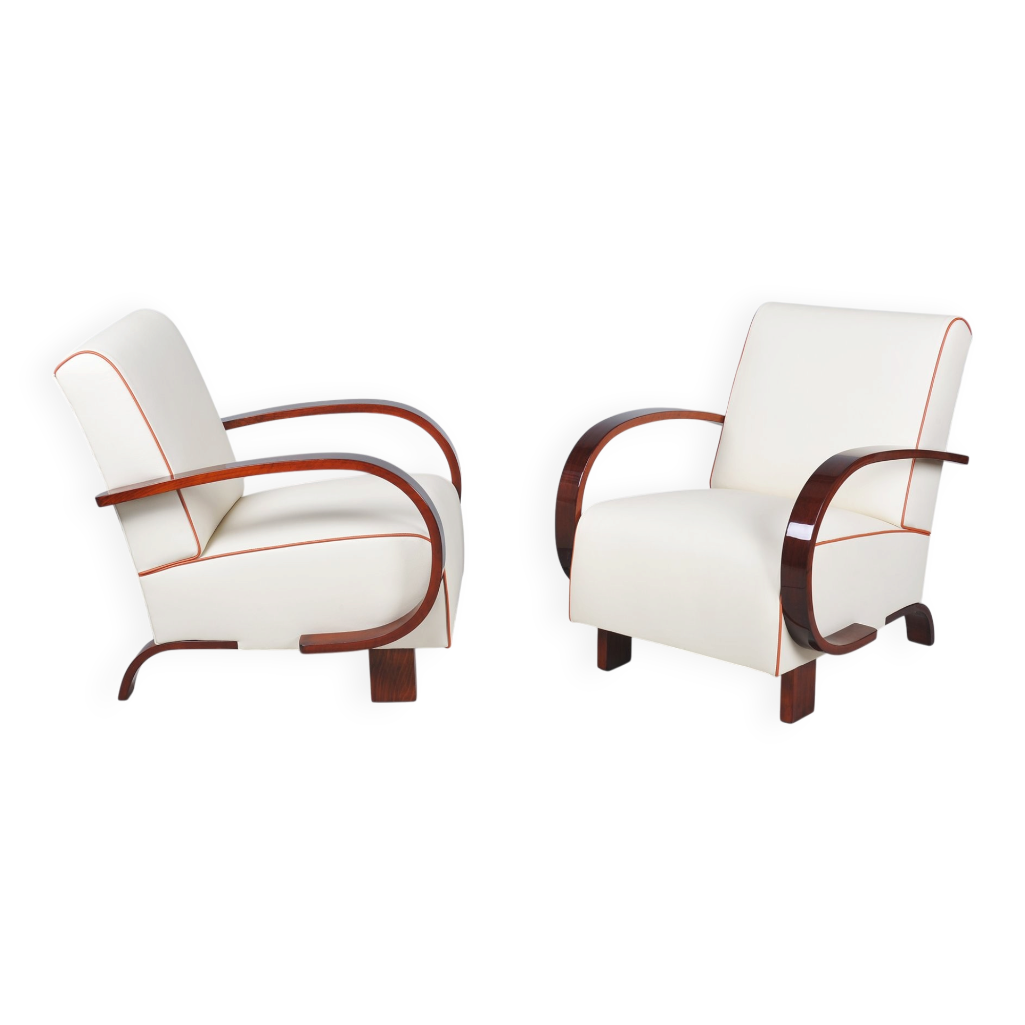 Fauteuils Art Déco en noyer et cuir, tchèque, années 1930, ensemble de 2