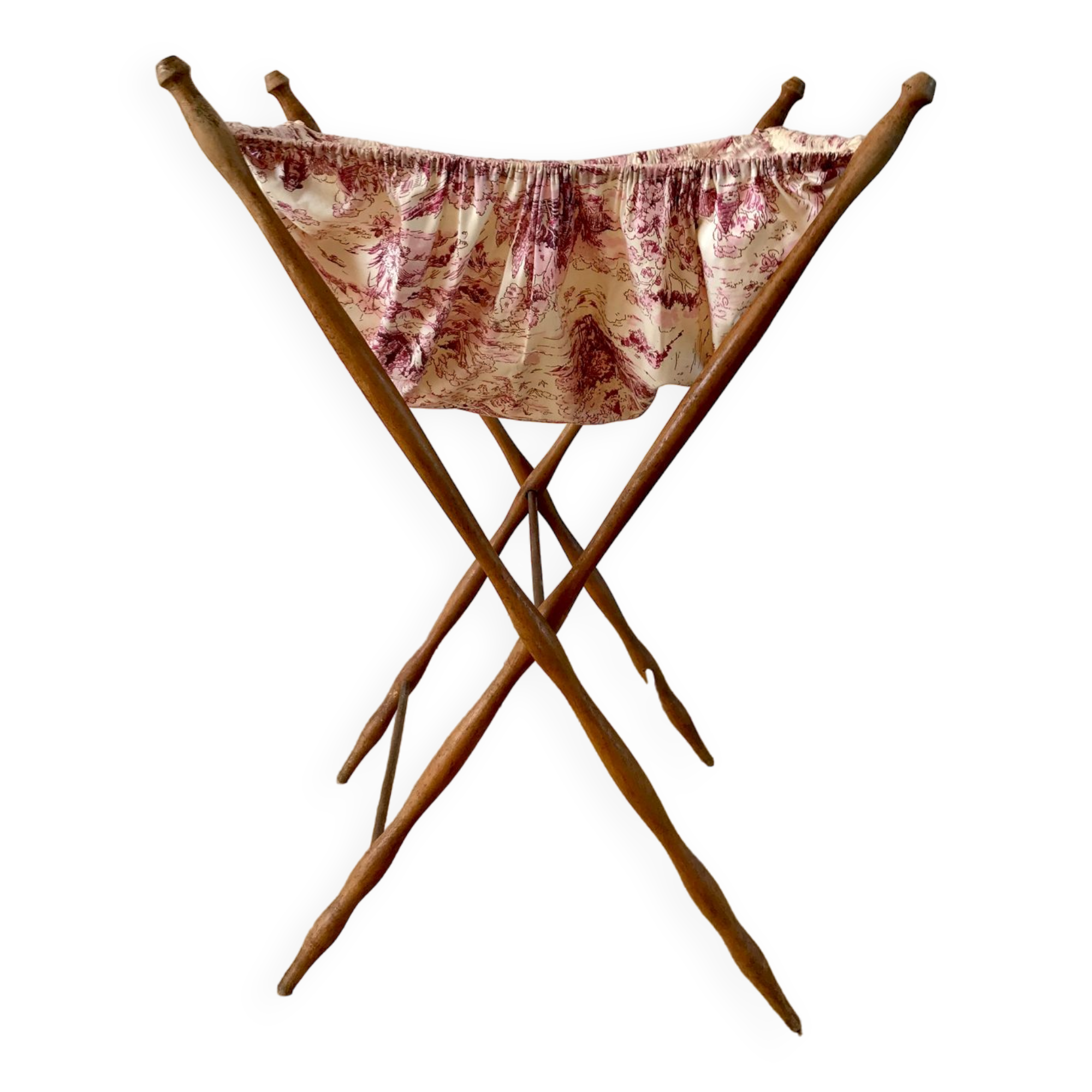 Travailleuse / panier sur pied ancien en bois de hêtre et toile de jouy début xx