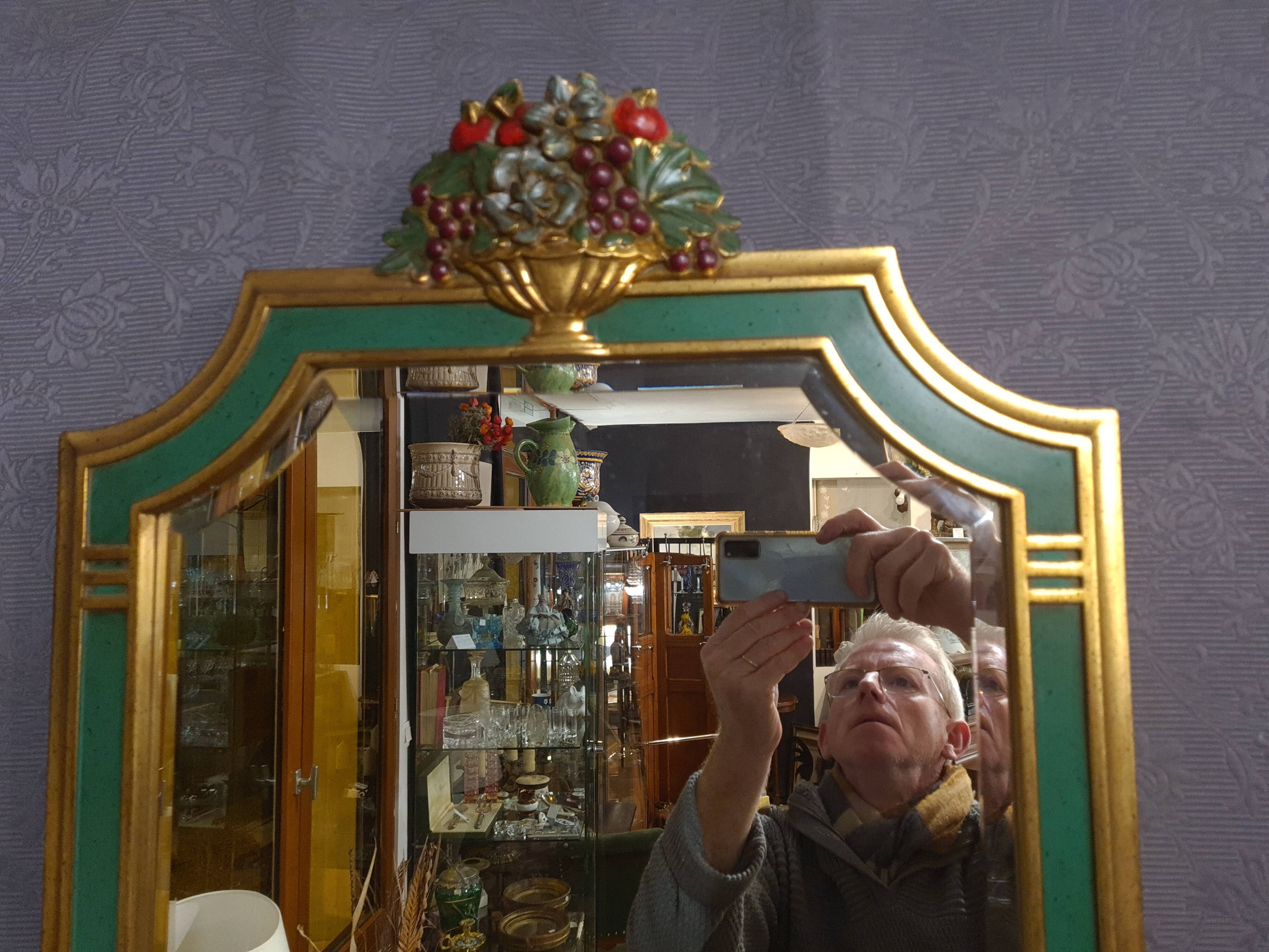 Miroir vintage vert et doré, 88x52 cm
