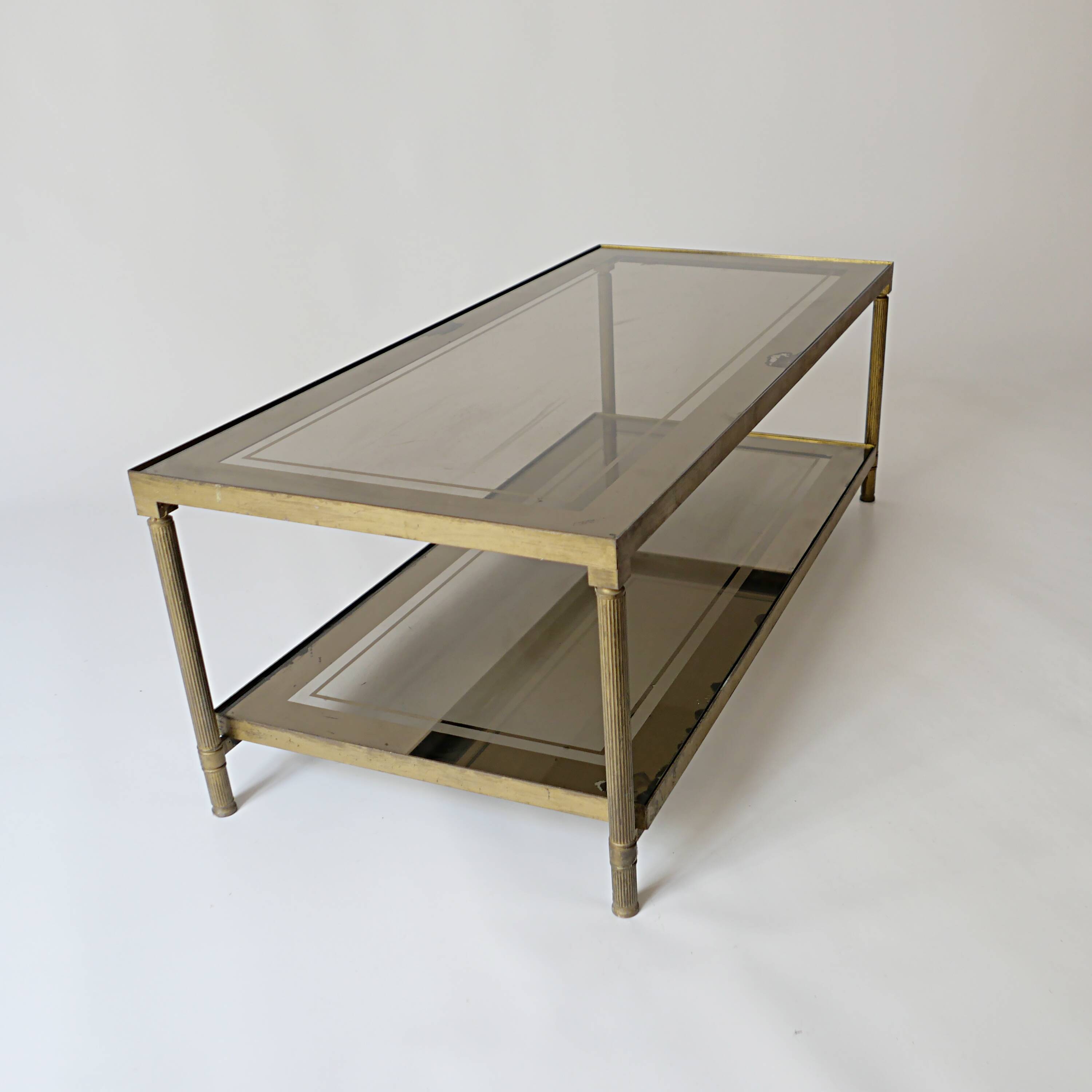 vintage brass coffee table with smoked glass mirror, antique Maison Jansen