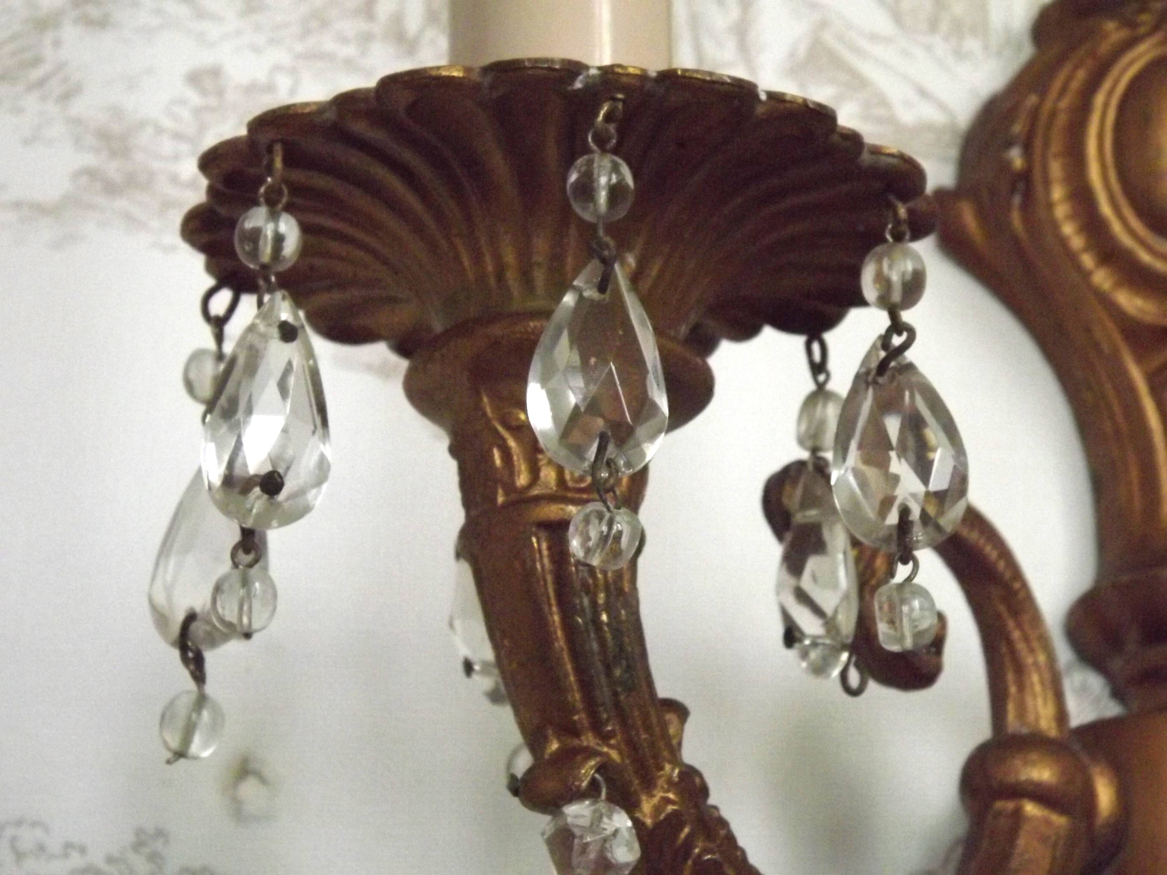 Pair French Vintage Bronze Double Wall Lights Assorted Crystal Drops 5352