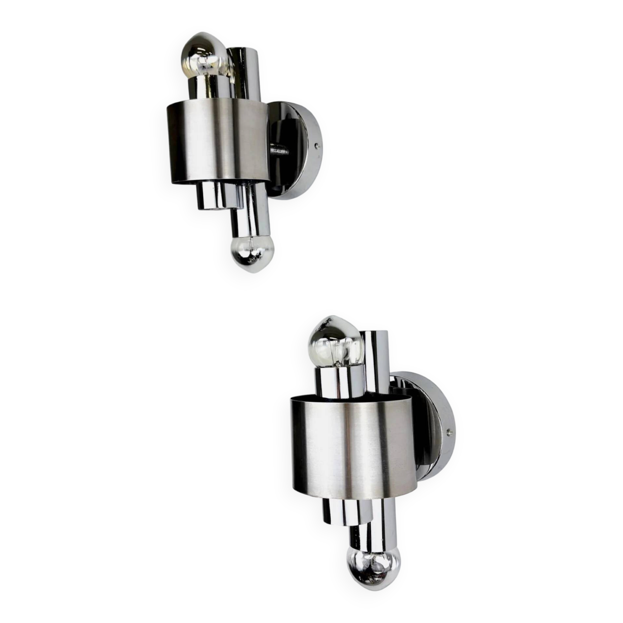 Pair of space age 2-light wall sconces, chromed metal, Italy, 1970s