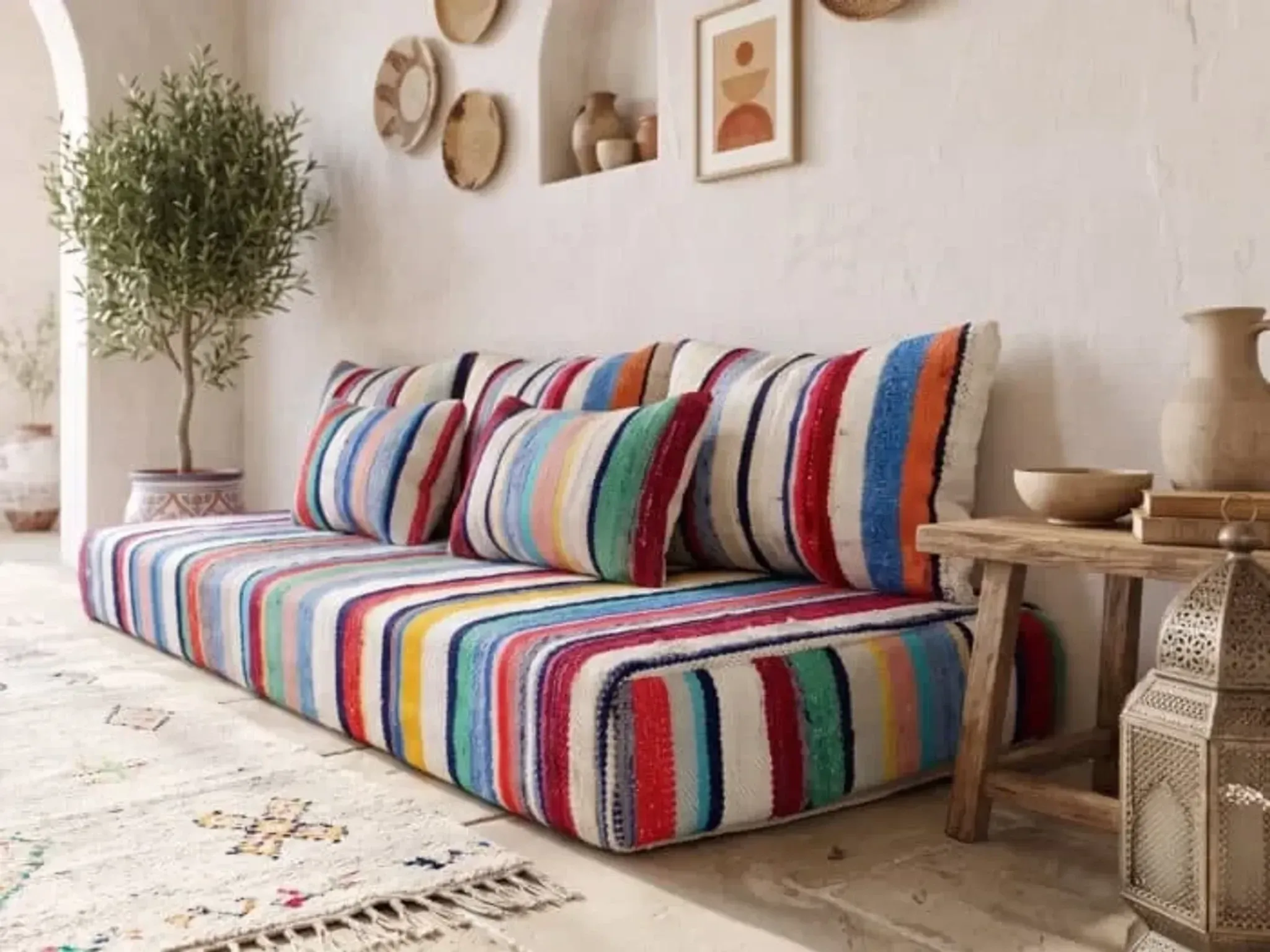 Multicoloured bohemian floor cushion – Handwoven striped recycled cotton