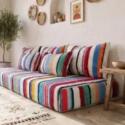 Multicoloured bohemian floor cushion – Handwoven striped recycled cotton