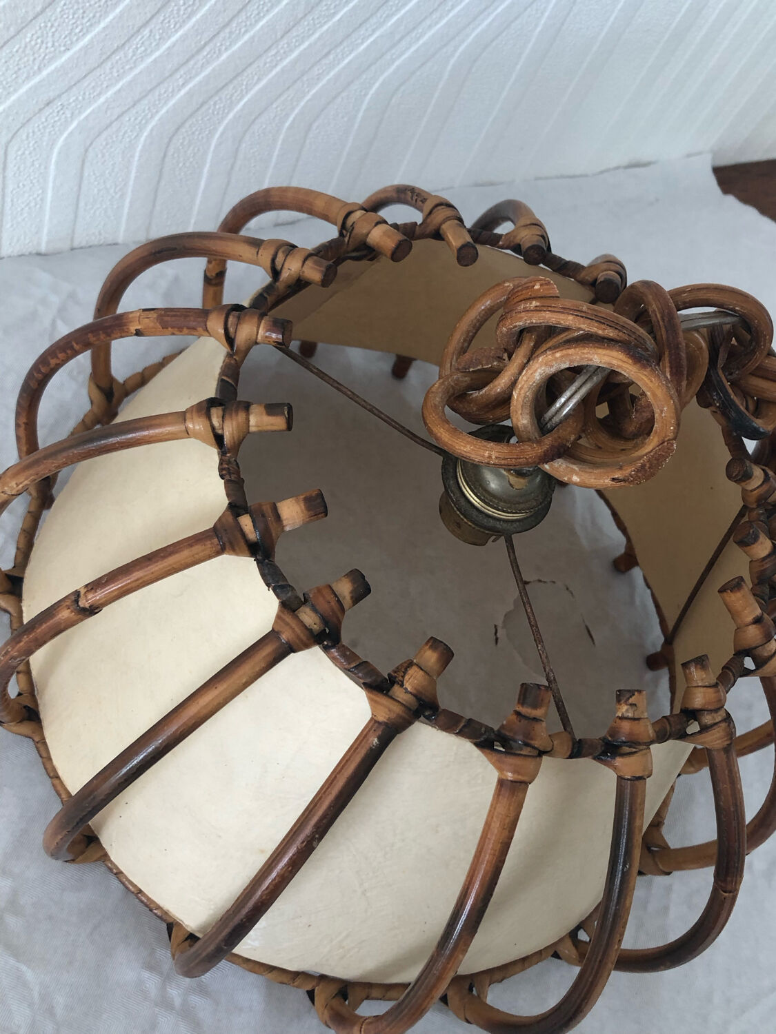 Vintage rattan pendant lamp with paper lampshade