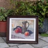 Still life painting with fruit, peach, bunch of grapes and tin pitcher, signed "roselyne"