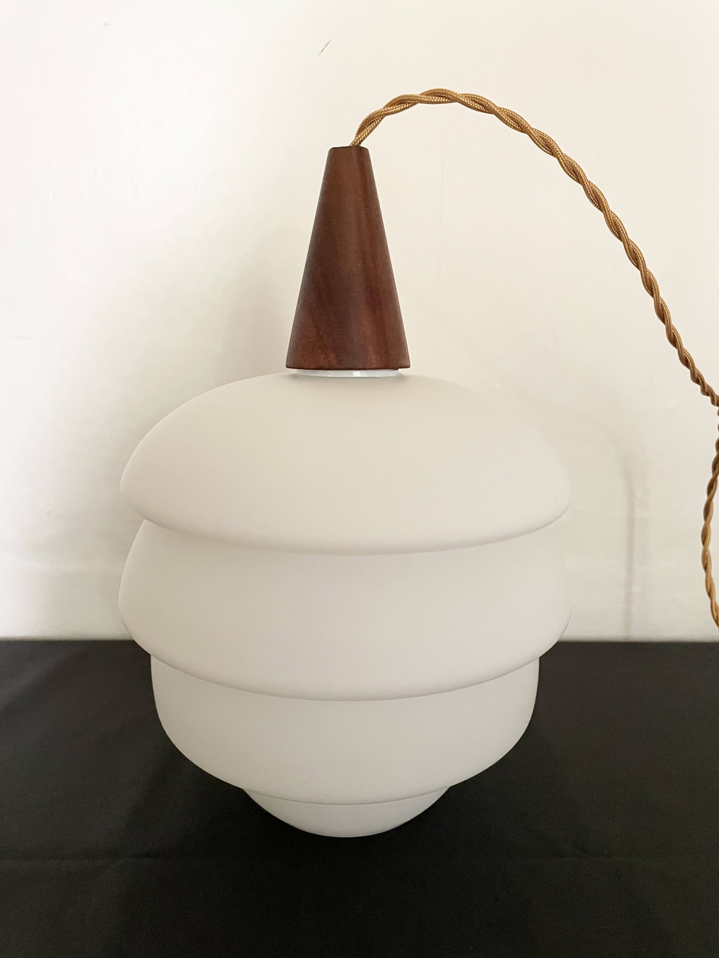 Scandinavian pendant light in opaline and teak