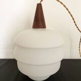 Scandinavian pendant light in opaline and teak