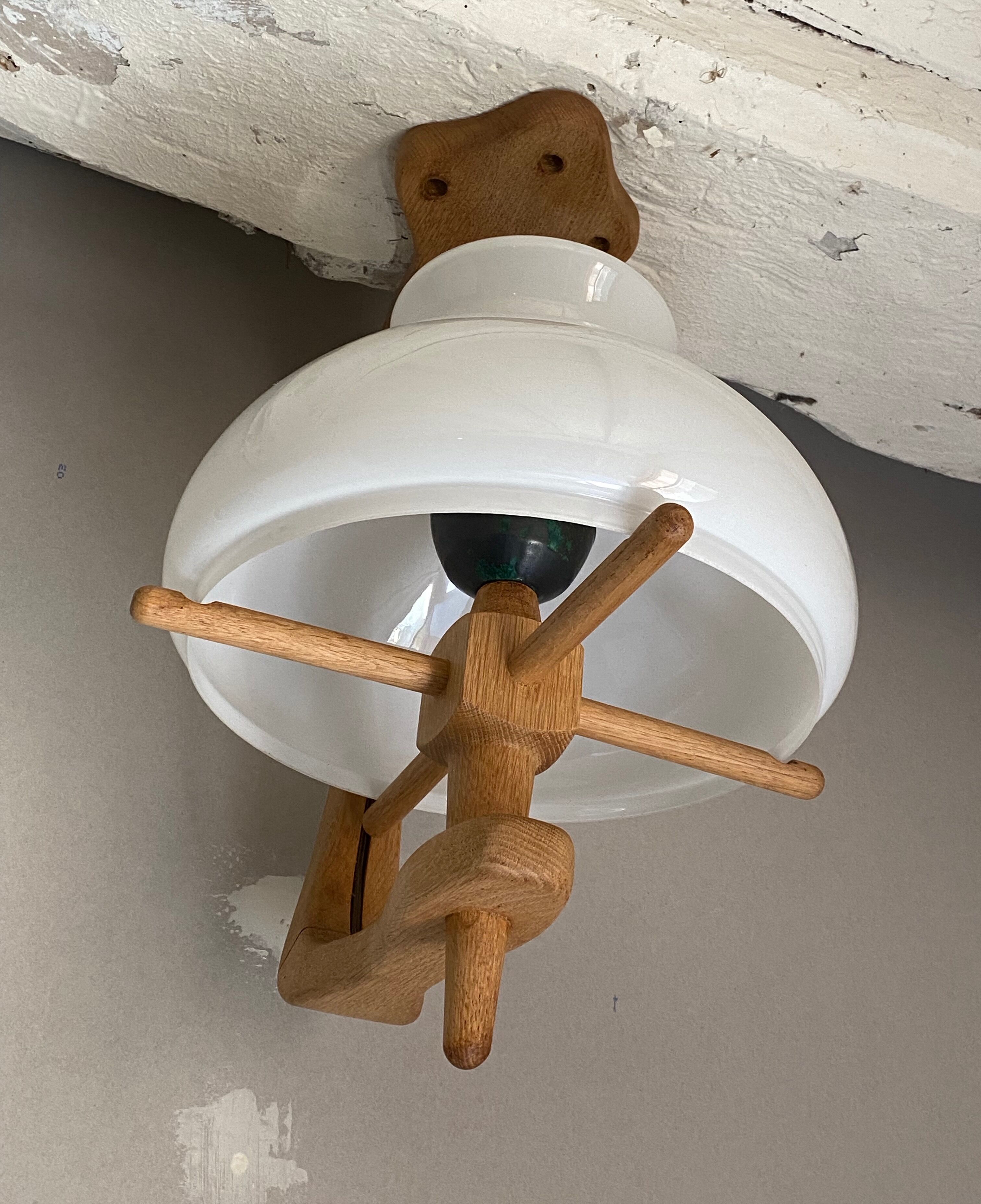 Oak ceiling lamp Guillerme & Chambron 1950