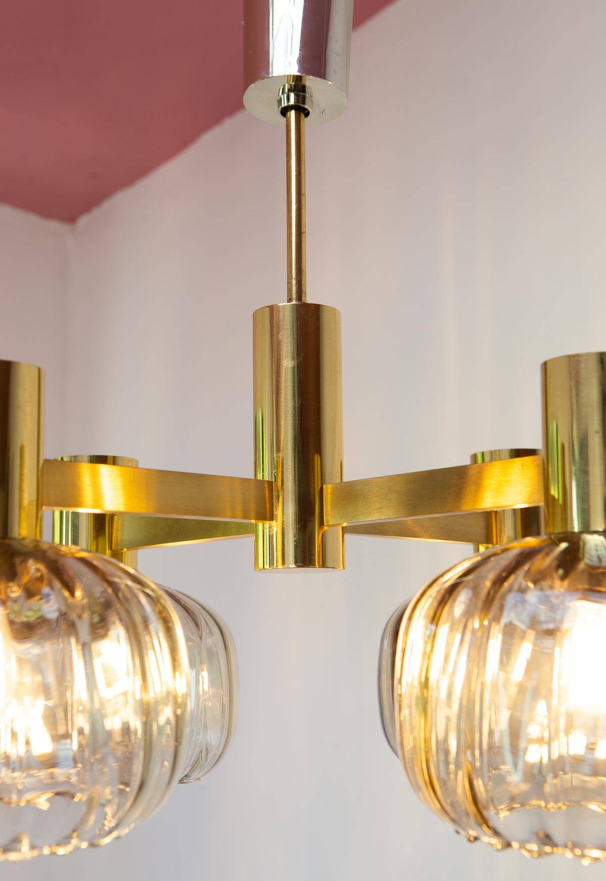 Midcentury brass pendant light and 4 glass tulips 60s/70s