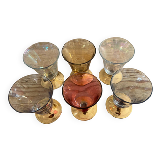 Set of 6 golden and colored liquor glasses