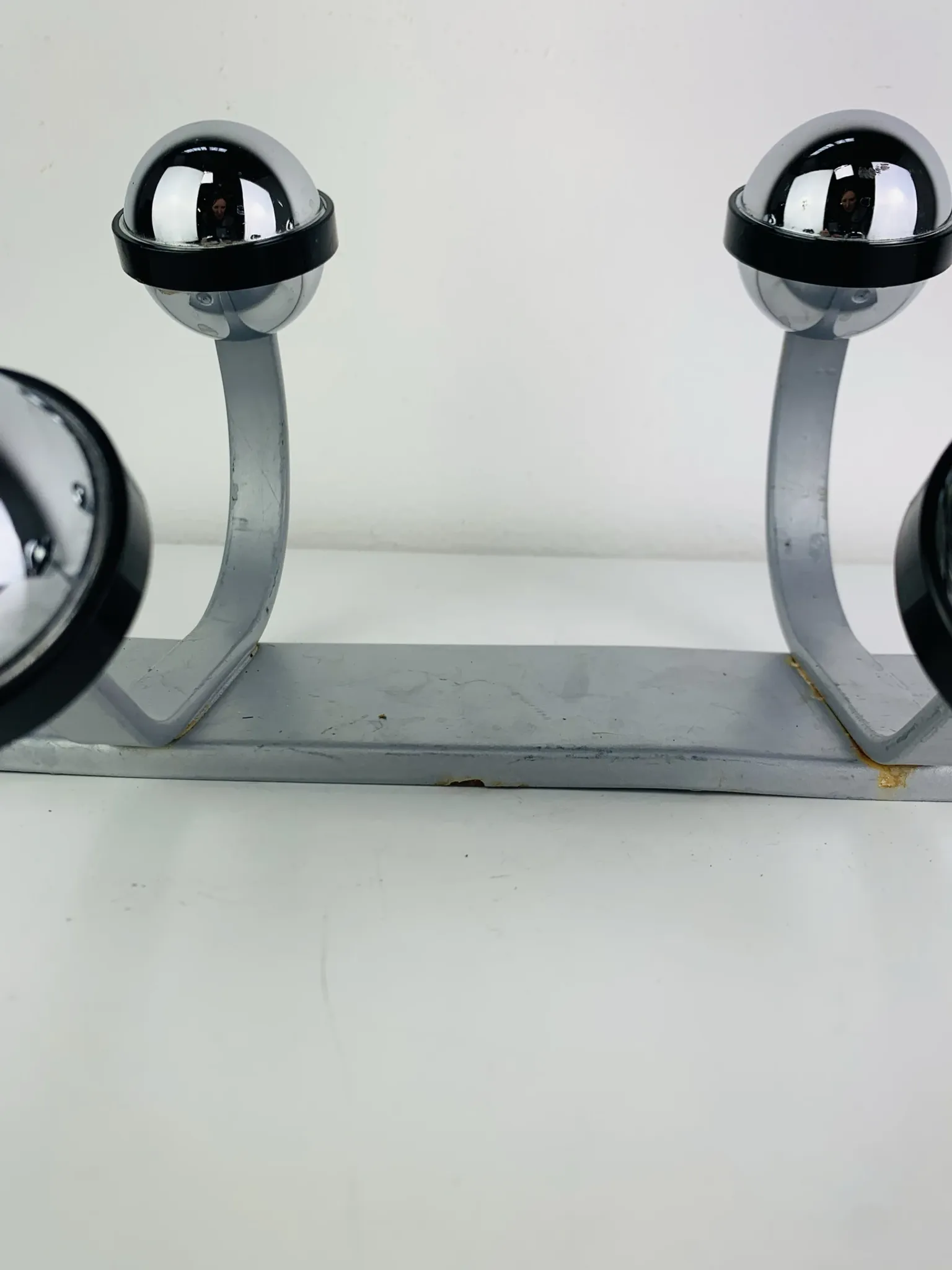 Wall-mounted coat rack, double chrome and grey metal hook, vintage