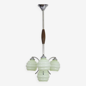 Art Deco chandelier with 3 arms, 4 pastel green opaline globes