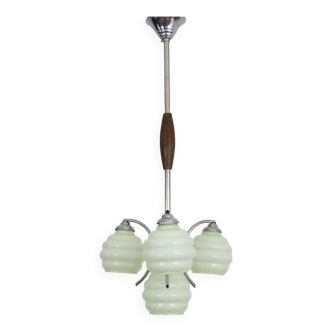 Art Deco chandelier with 3 arms, 4 pastel green opaline globes