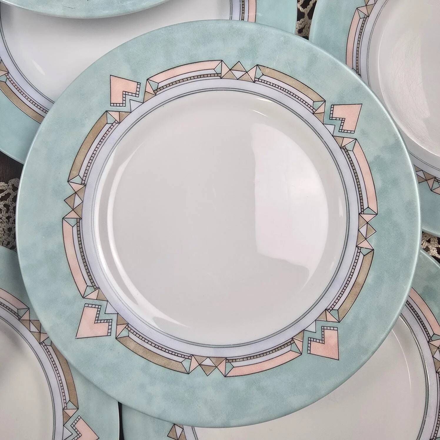 Set of 12 vintage pastel geometric dessert plates ESSO.