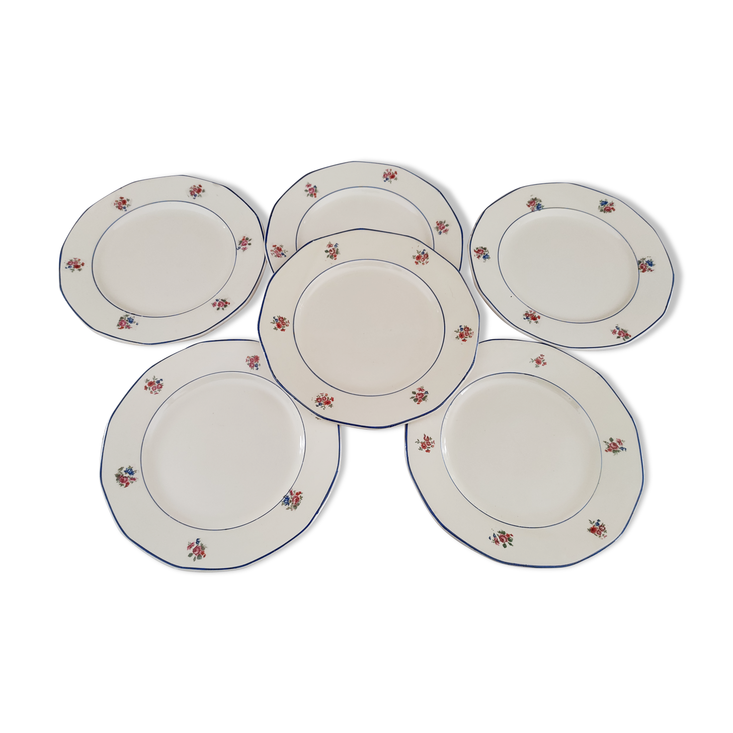 Set of 6 dessert plates in Badonviller earthenware decoration pink and blue border