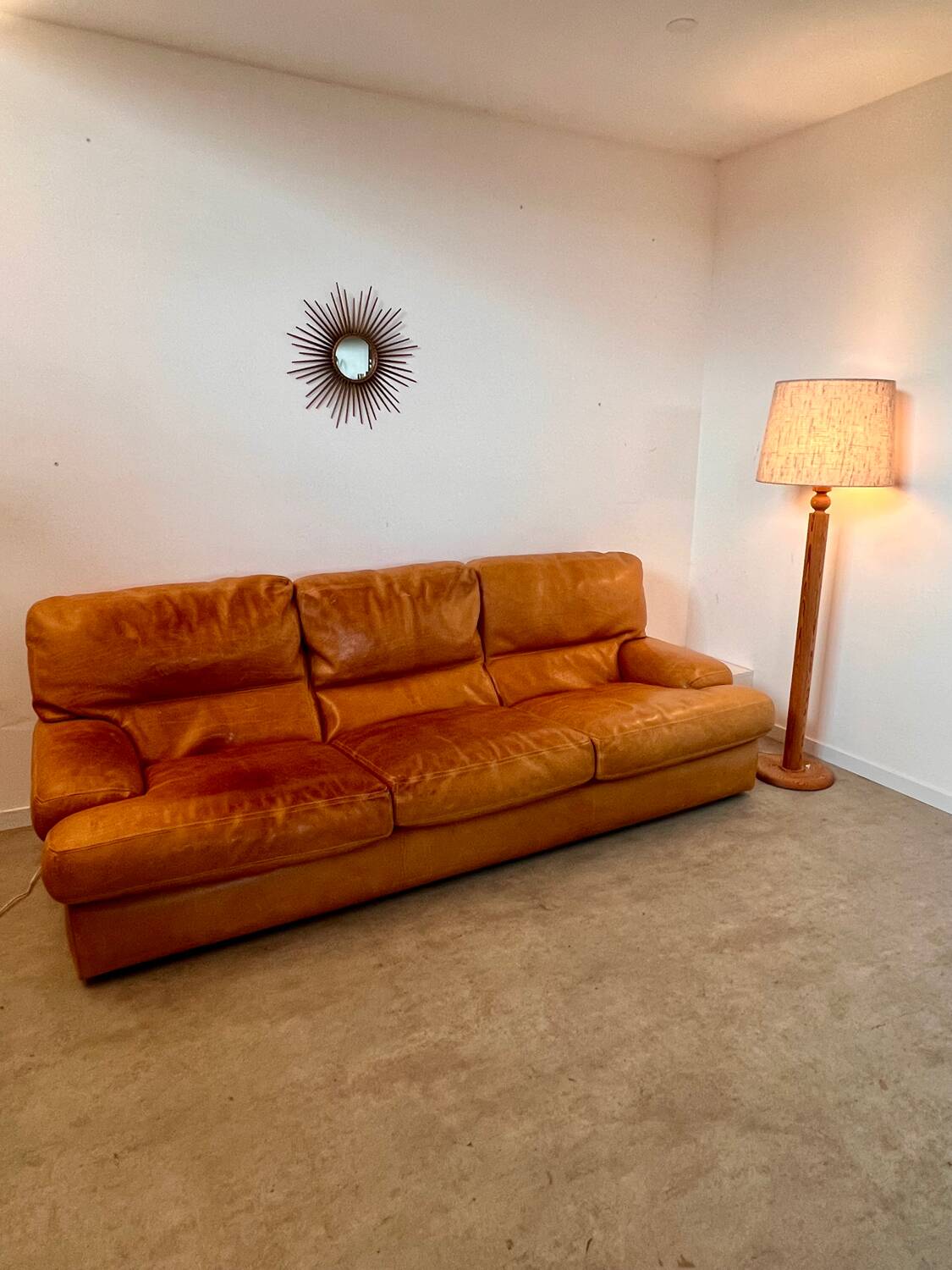 Vintage 3-seater sofa in Camel brown leather design roche bobois France from the 70s