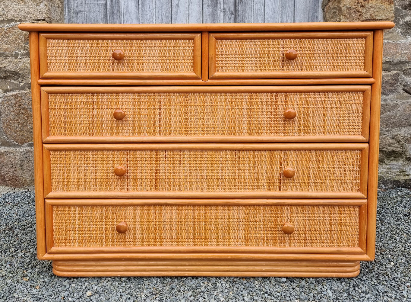 Commode Maugrion for Roche Bobois, wood and rattan, 80s