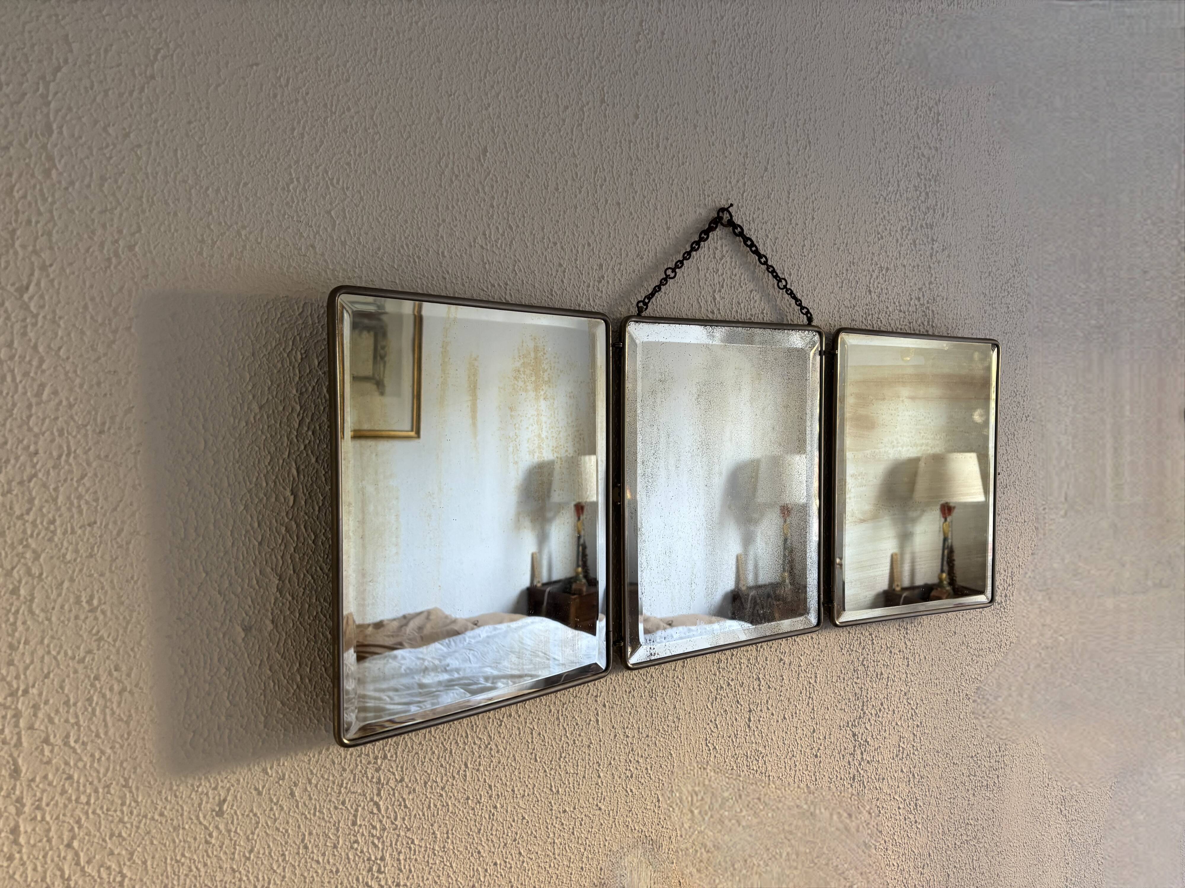 Vintage 1930s triptych barber mirror in black faux crocodile leather - 33 x 84 cm