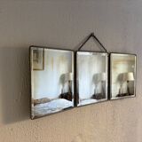 Vintage 1930s triptych barber mirror in black faux crocodile leather - 33 x 84 cm