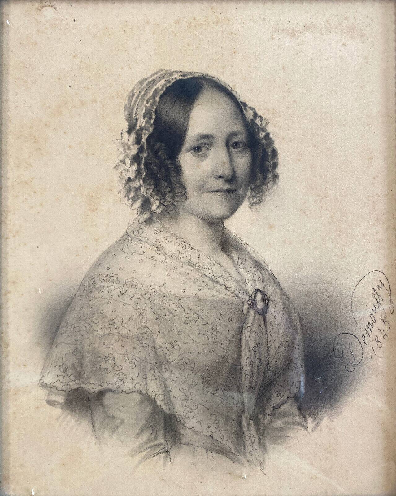 Painting drawing "portrait of a woman" 1845 by augustin-luc demoussy (1809-1880)