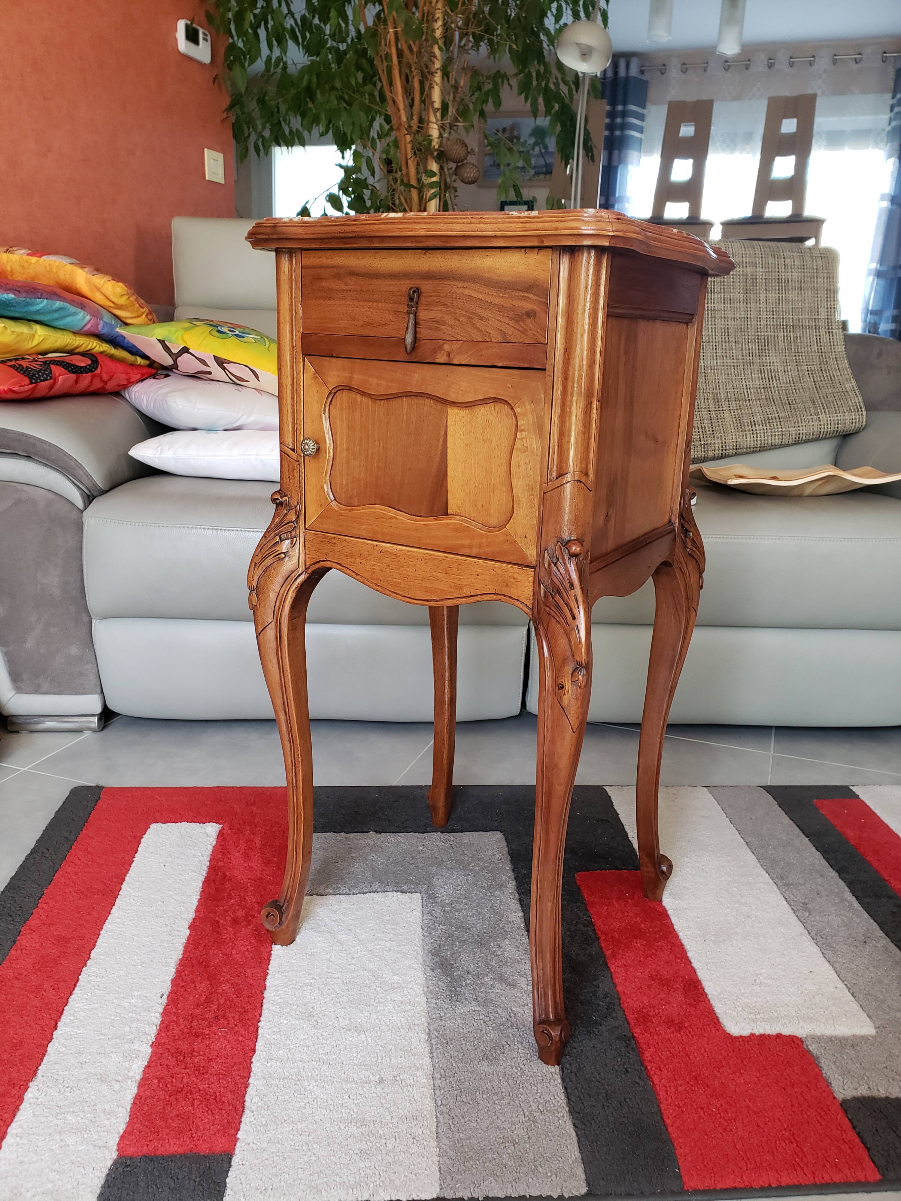 Antique walnut and marble bedside table