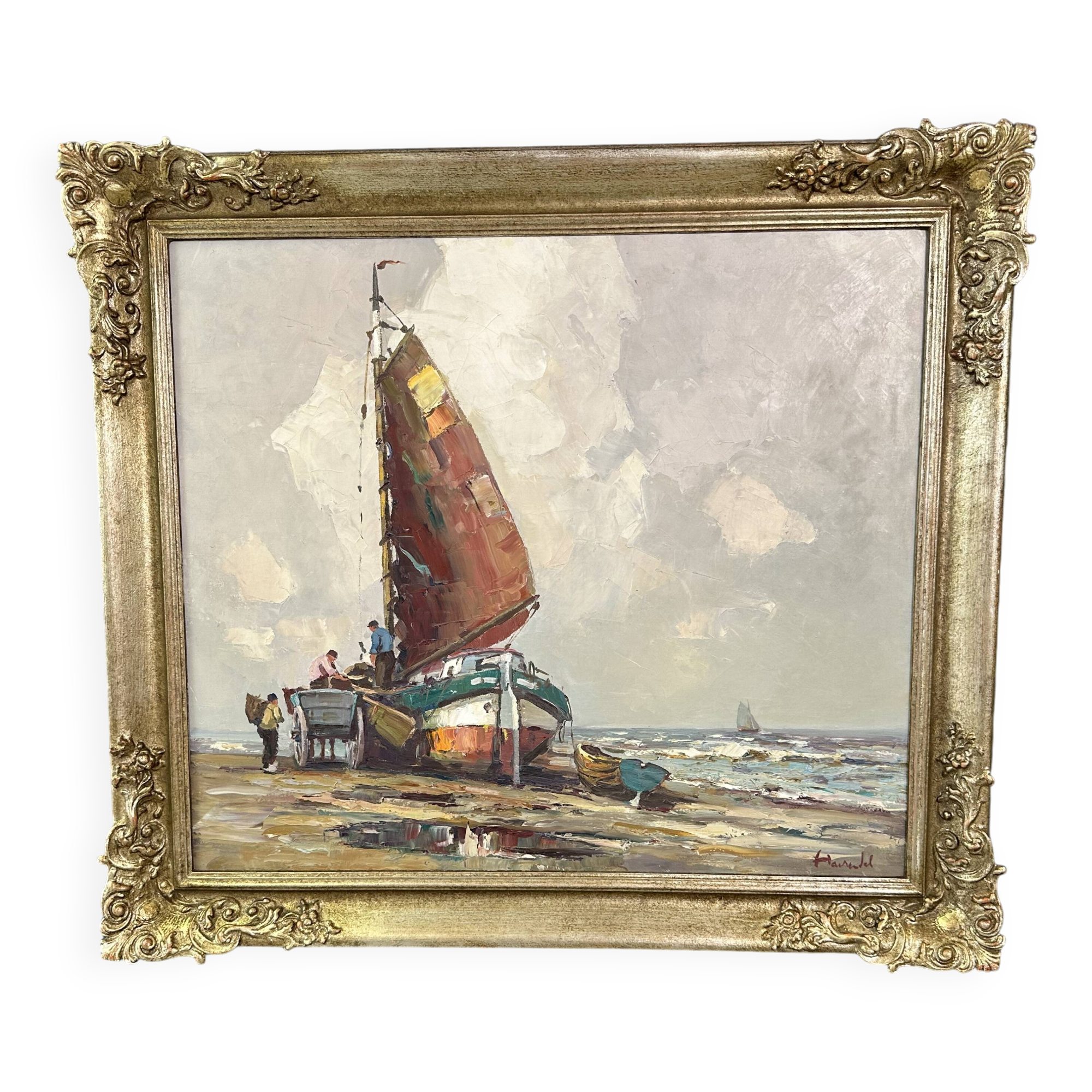 Oil painting “Segelschiff auf Sand“, frame gold von Harry Haerendel signed