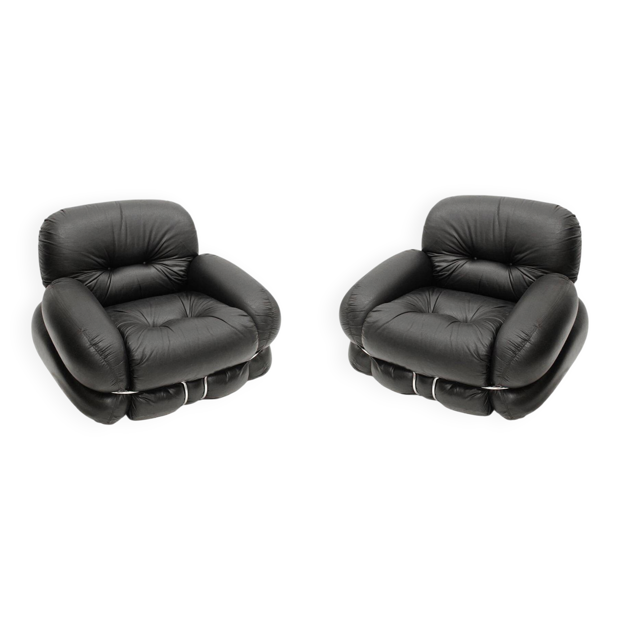 Italian Pair Of Armchairs by Adriano Piazzesi Okay Black Leather and Steel