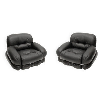 Italian Pair Of Armchairs by Adriano Piazzesi Okay Black Leather and Steel