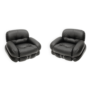 Italian Pair Of Armchairs by Adriano Piazzesi Okay Black Leather and Steel