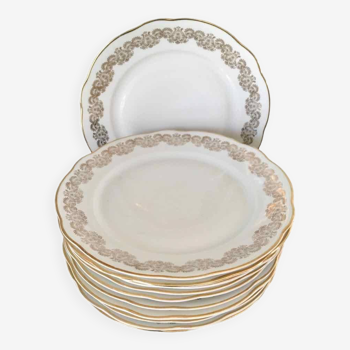 10 assiettes plates blanc et or en porcelaine