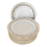 10 white and gold porcelain dinner plates