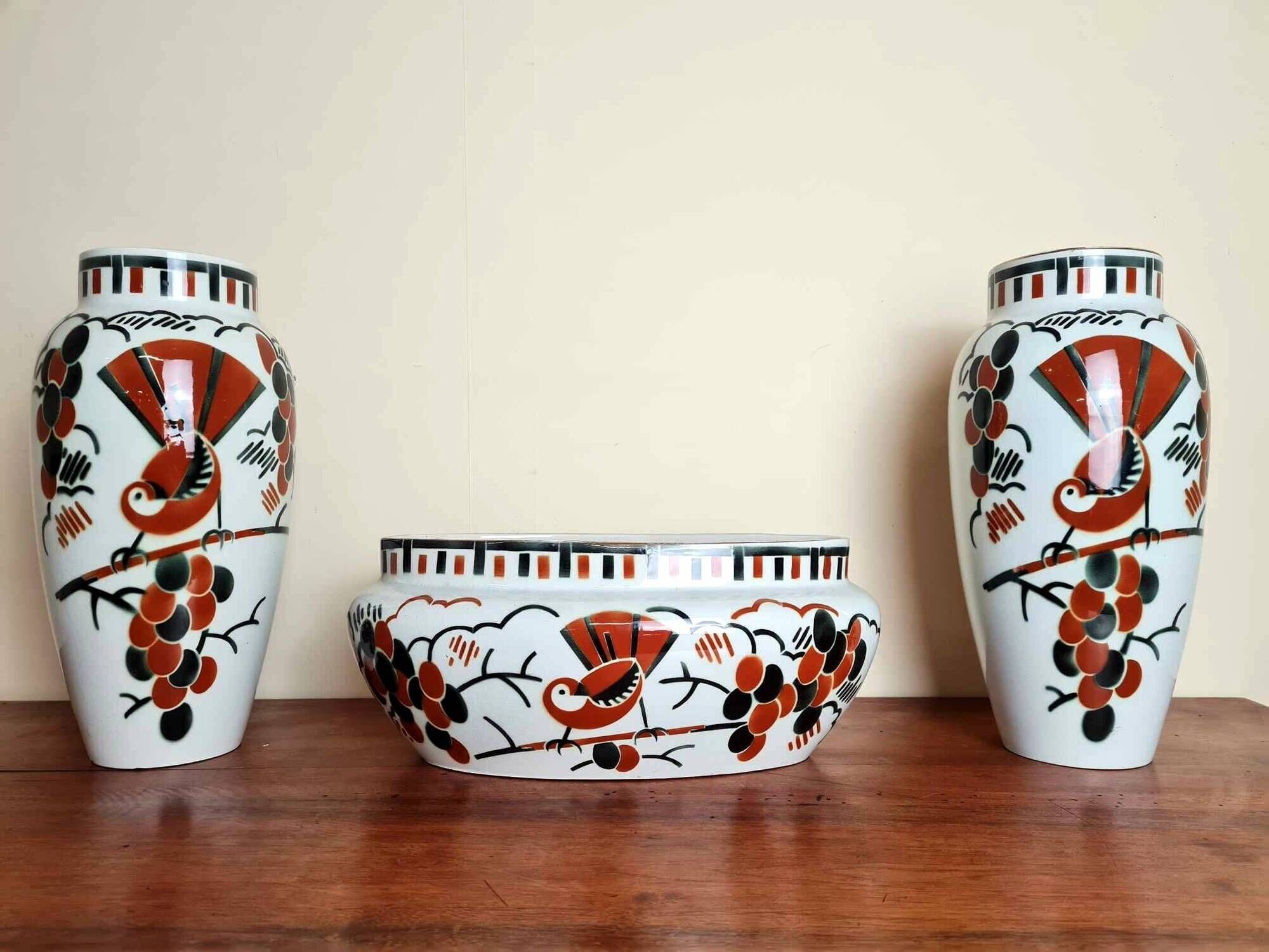 Keller e guérin luneville 1930: jardiniere and its 2 vases art deco period