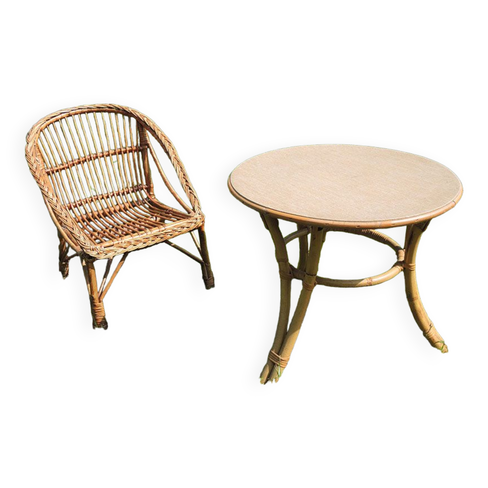 Armchair & table for children in wicker and rattan