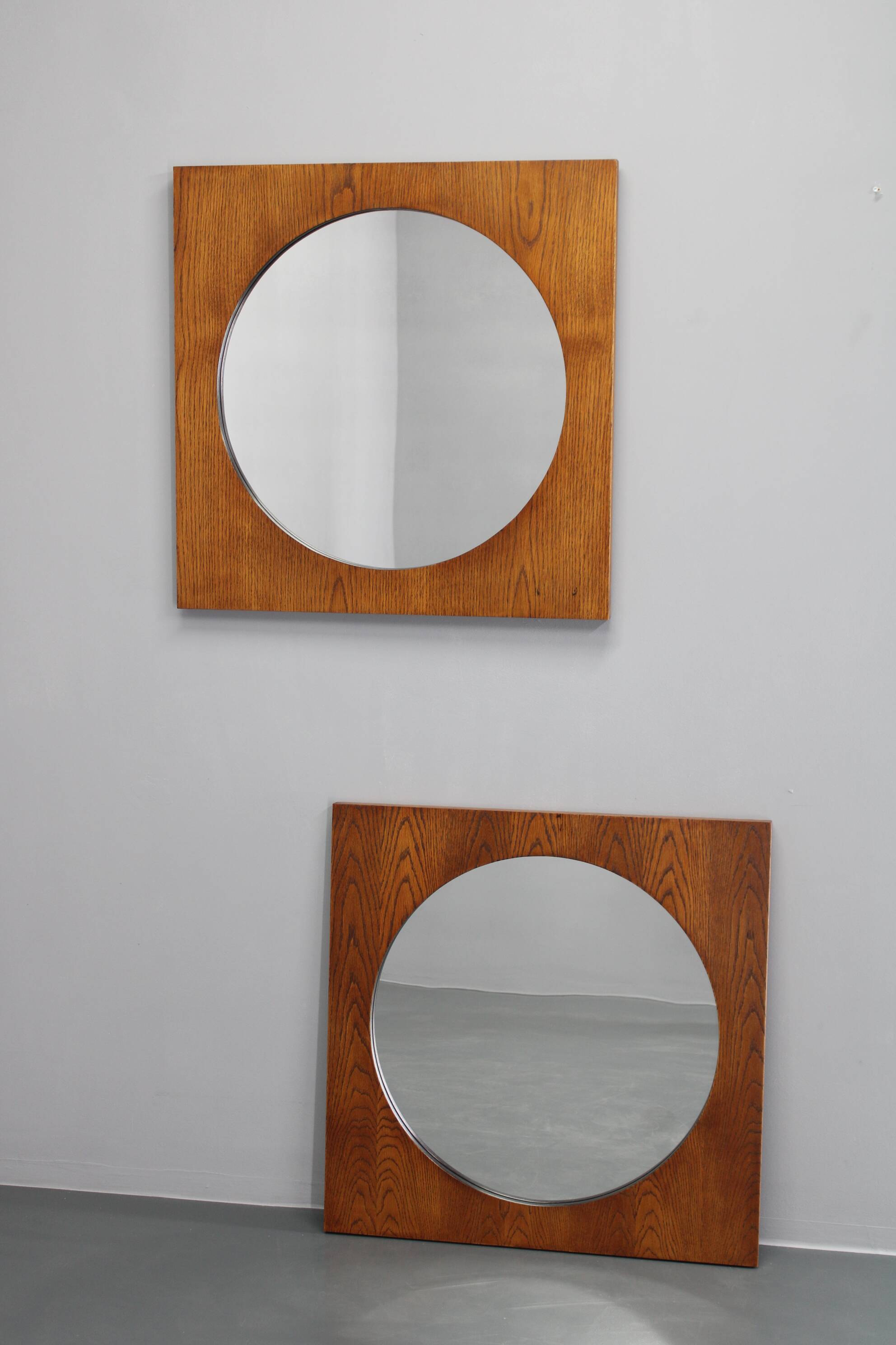 1970s Pair of Oak Large Square Mirrors, Czechoslovakia