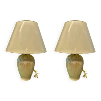 Pair of cream ceramic lamps, 1980s, art deco style, Miami light 73