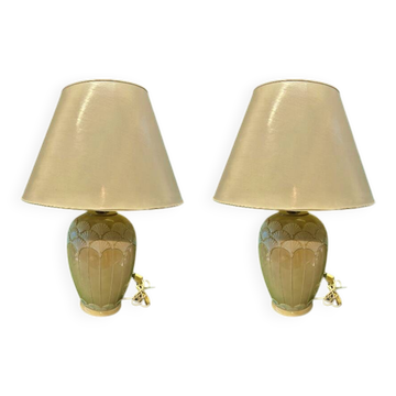 Pair of cream ceramic lamps, 1980s, art deco style, Miami light 73