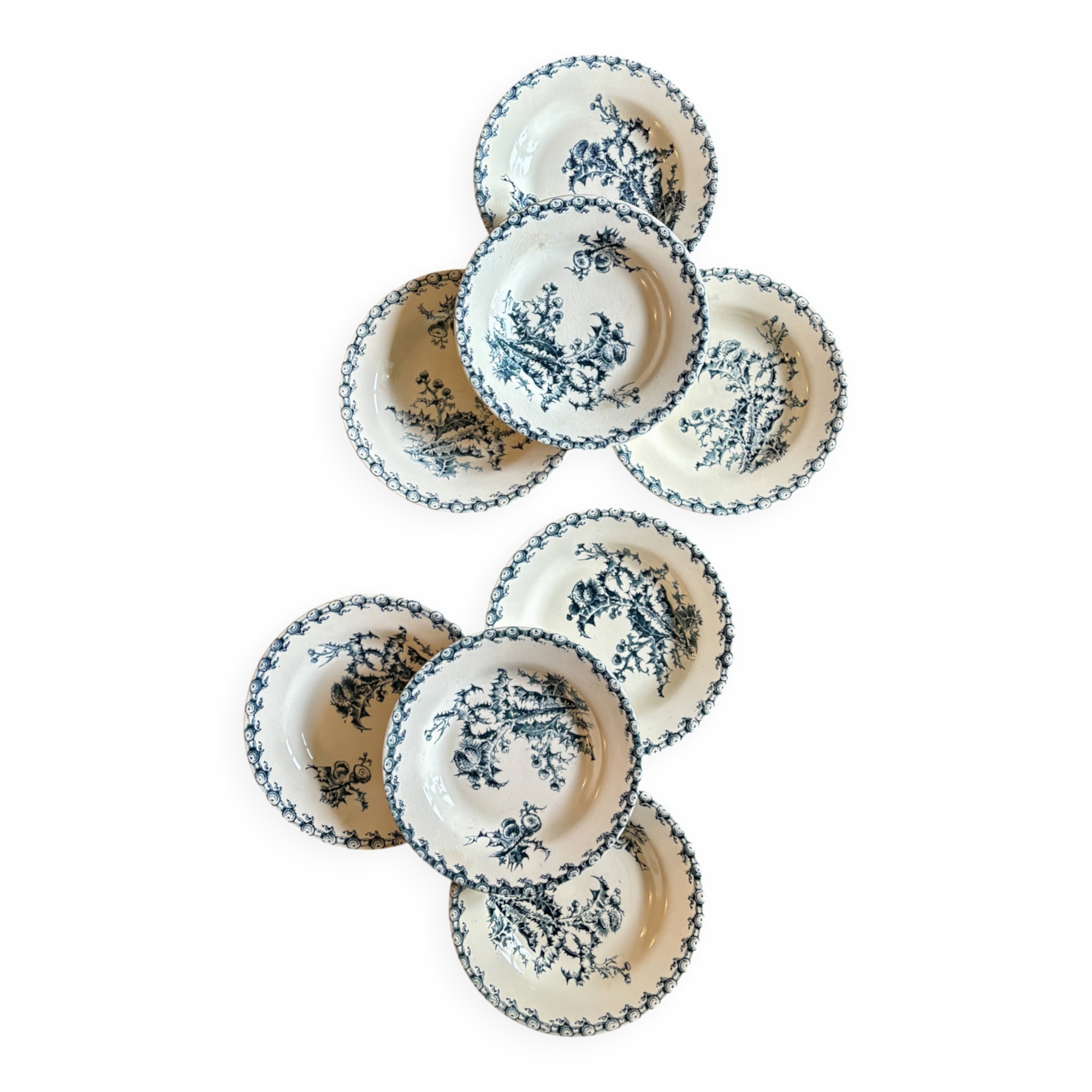 Set of 8 antique deep plates in ironstone, Chardons de Gien