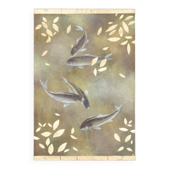 Toile peinte représentant des carpes