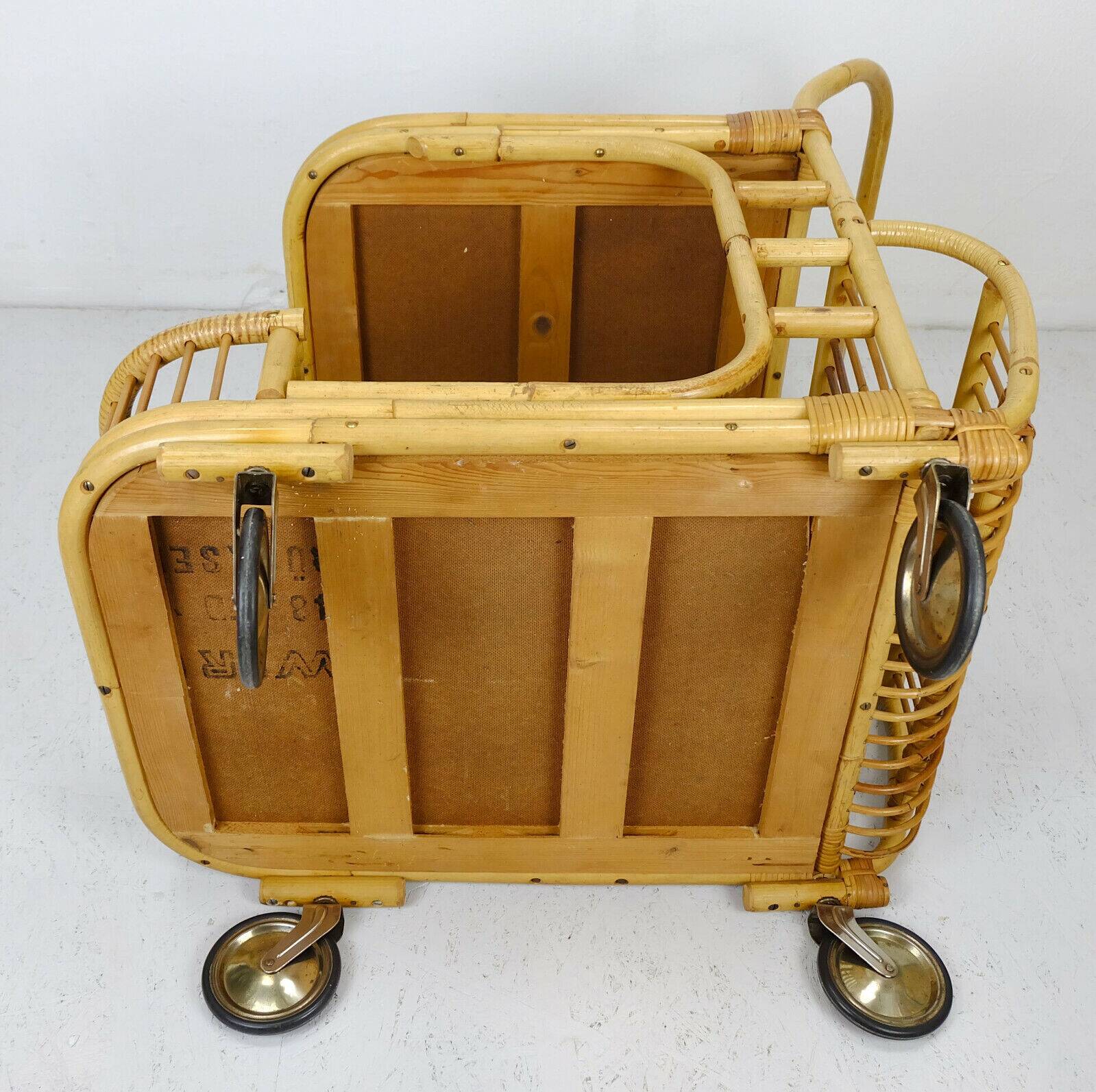 1950s mid century trolley serving cart bamboo wicker black formica