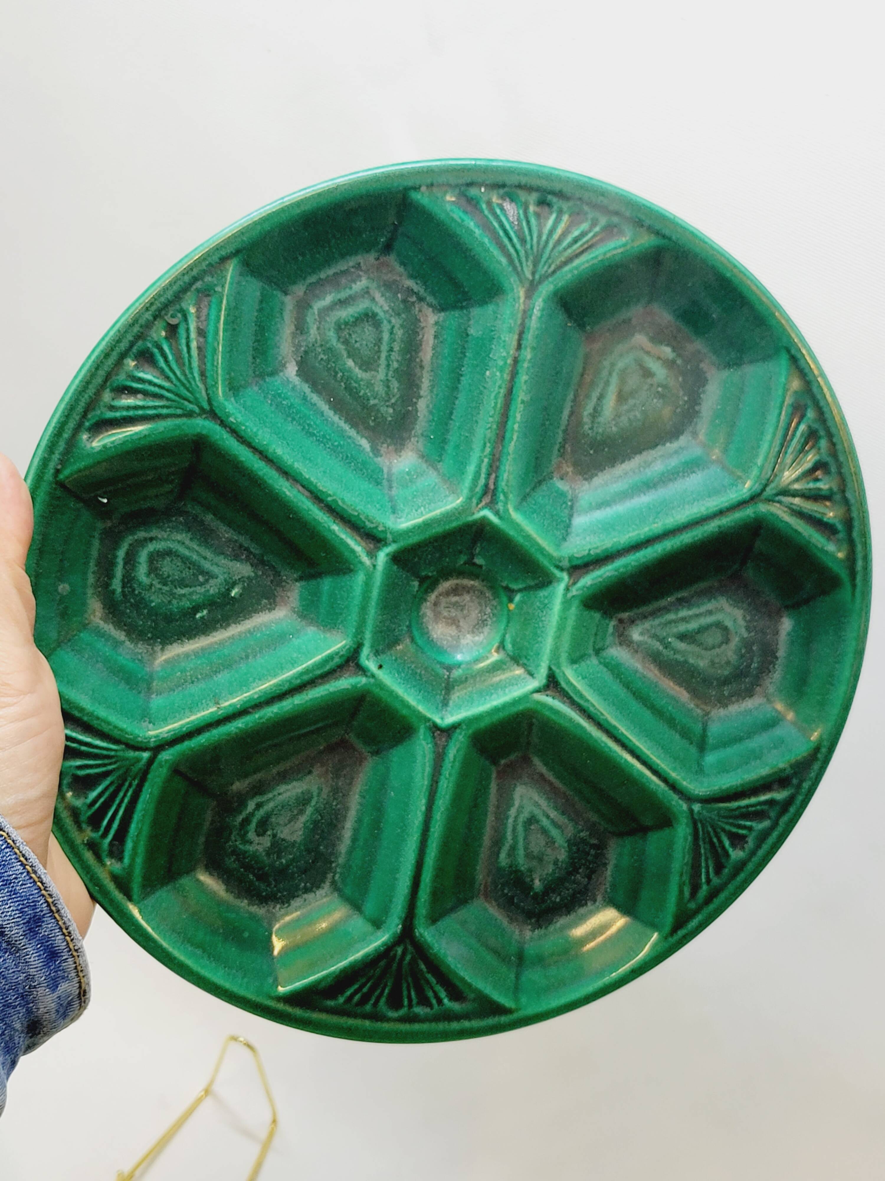 3 art deco oyster plates with green geometric decor