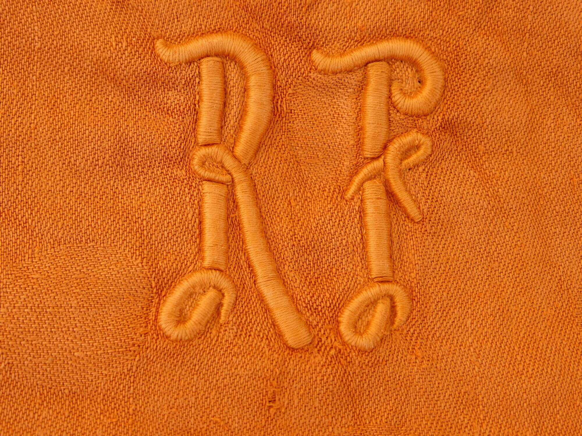 5  towels, rectangular linen, peas and monogrammed "RF", art deco